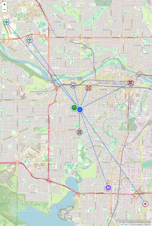 Daily accessibility map for 306 2307 14 ST SW, Calgary showing nearby schools, grocery stores, parks, LRT stations and nearby amenities