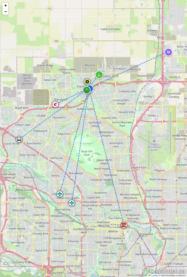 Daily accessibility map for 4 EVANSDALE WY NW, Calgary showing nearby schools, grocery stores, parks, LRT stations and nearby amenities