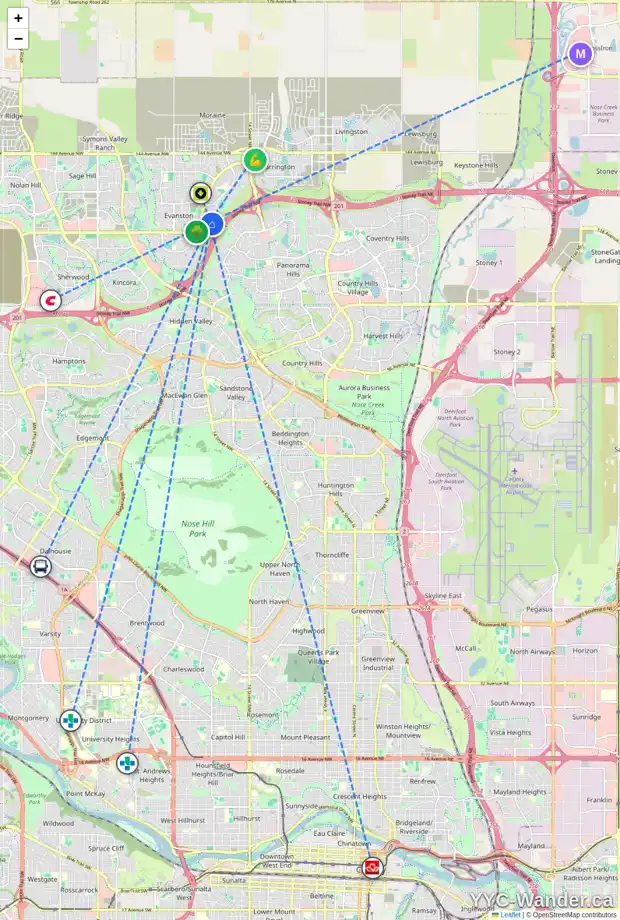 Daily accessibility map for 32 EVANSDALE WY NW, Calgary showing nearby schools, grocery stores, parks, LRT stations and nearby amenities