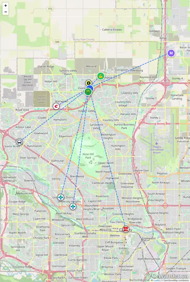 Daily accessibility map for 362 EVANSDALE WY NW, Calgary showing nearby schools, grocery stores, parks, LRT stations and nearby amenities