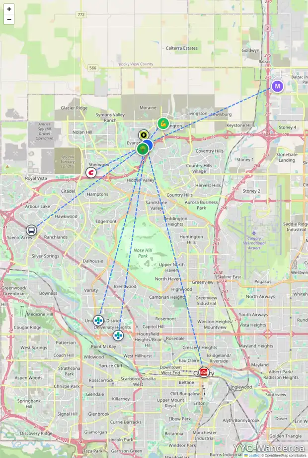 Daily accessibility map for 418 EVANSDALE WY NW, Calgary showing nearby schools, grocery stores, parks, LRT stations and nearby amenities