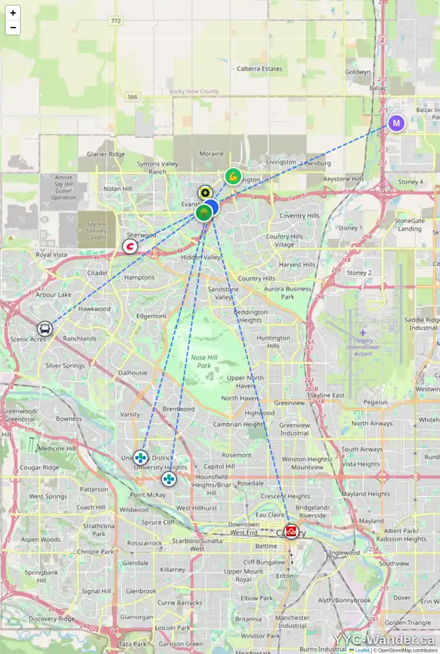 Daily accessibility map for 422 EVANSDALE WY NW, Calgary showing nearby schools, grocery stores, parks, LRT stations and nearby amenities