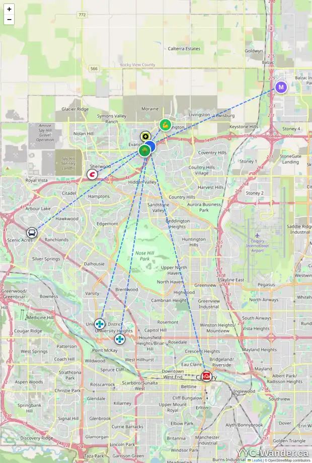Daily accessibility map for 427 EVANSDALE WY NW, Calgary showing nearby schools, grocery stores, parks, LRT stations and nearby amenities