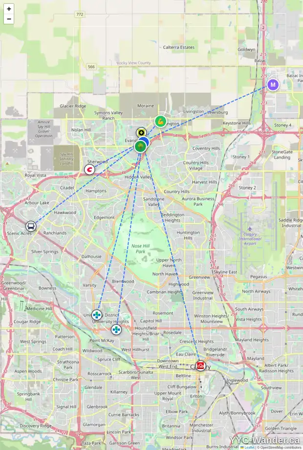 Daily accessibility map for 26 EVANSFORD CI NW, Calgary showing nearby schools, grocery stores, parks, LRT stations and nearby amenities