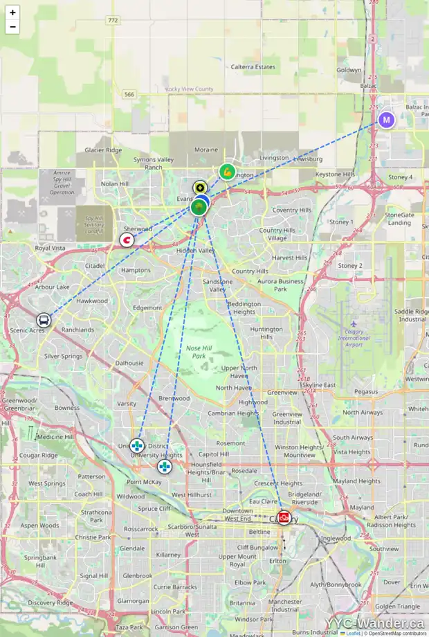 Daily accessibility map for 222 EVANSFORD CI NW, Calgary showing nearby schools, grocery stores, parks, LRT stations and nearby amenities