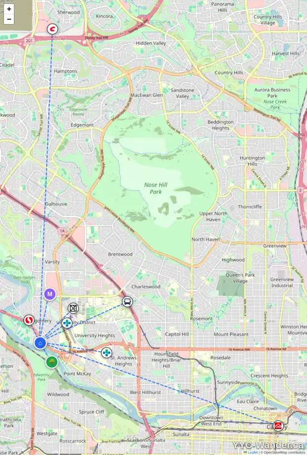 Daily accessibility map for 4536 MONTGOMERY AV NW, Calgary showing nearby schools, grocery stores, parks, LRT stations and nearby amenities