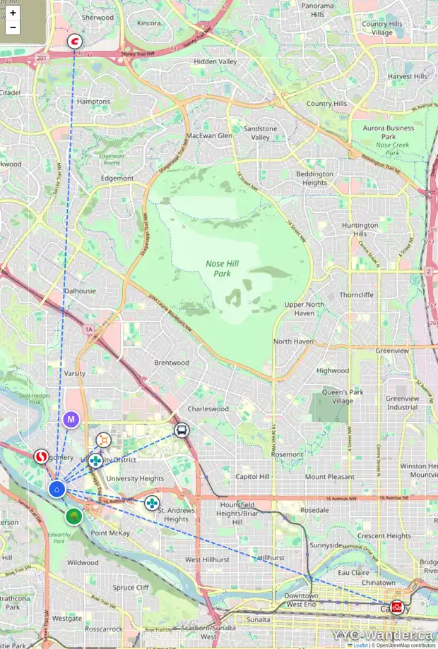 Daily accessibility map for 4538 MONTGOMERY AV NW, Calgary showing nearby schools, grocery stores, parks, LRT stations and nearby amenities