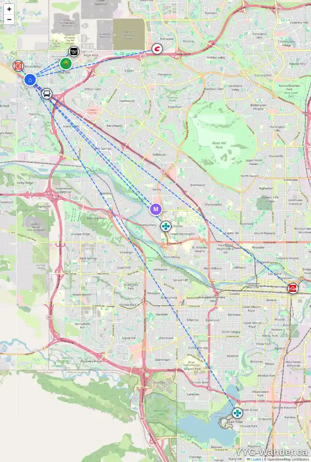 Daily accessibility map for 11 169 ROCKYLEDGE VW NW, Calgary showing nearby schools, grocery stores, parks, LRT stations and nearby amenities