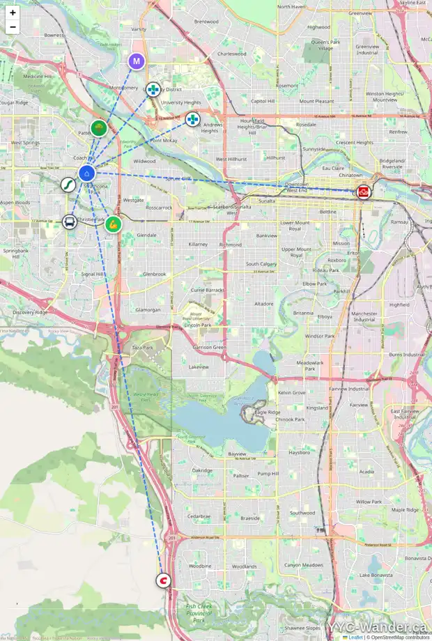 Daily accessibility map for 72 STRATHBURY CI SW, Calgary showing nearby schools, grocery stores, parks, LRT stations and nearby amenities
