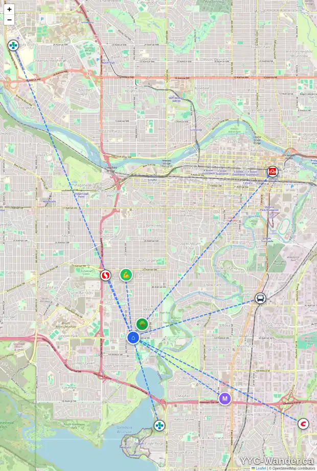 Daily accessibility map for 2010 50 AV SW, Calgary showing nearby schools, grocery stores, parks, LRT stations and nearby amenities