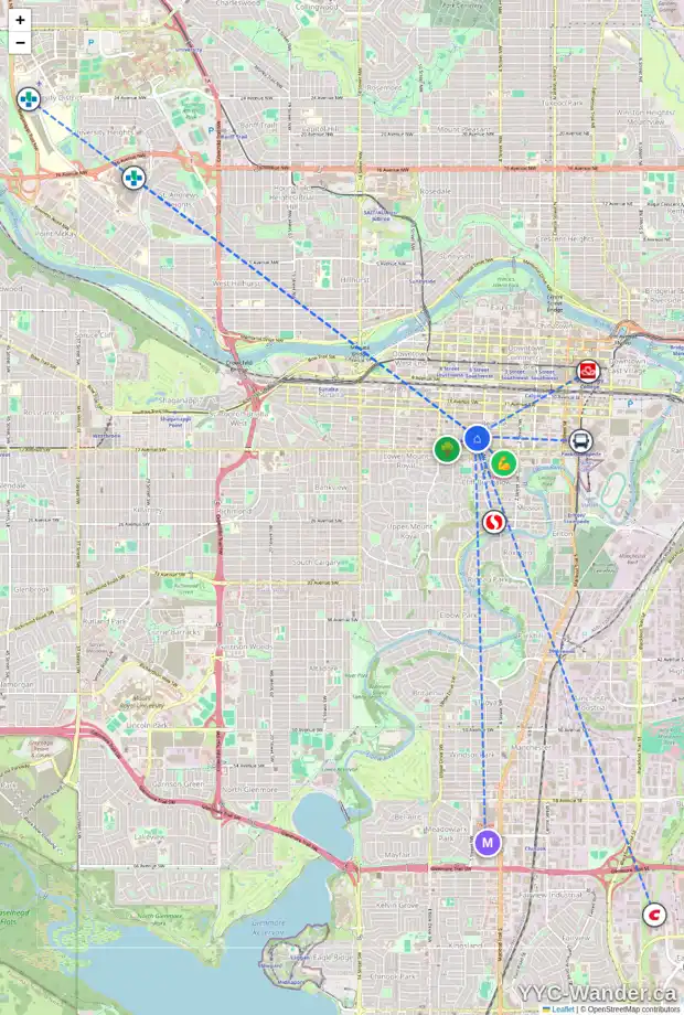 Daily accessibility map for 104 620 15 AV SW, Calgary showing nearby schools, grocery stores, parks, LRT stations and nearby amenities