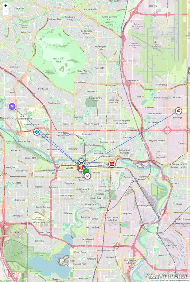 Daily accessibility map for 511 1053 10 ST SW, Calgary showing nearby schools, grocery stores, parks, LRT stations and nearby amenities