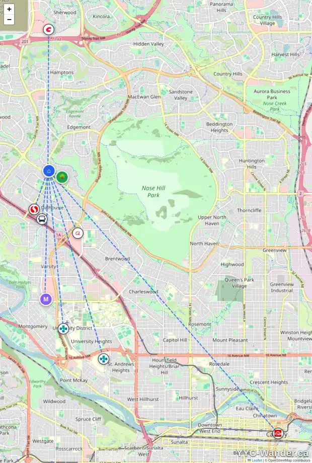 Daily accessibility map for 222 EDGEDALE WY NW, Calgary showing nearby schools, grocery stores, parks, LRT stations and nearby amenities