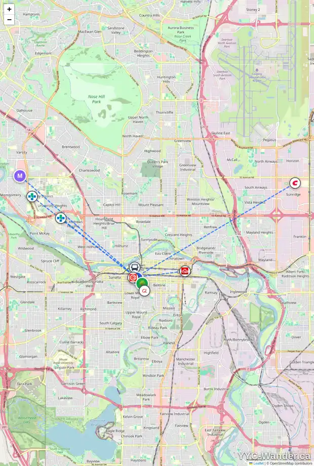 Daily accessibility map for 707 1053 10 ST SW, Calgary showing nearby schools, grocery stores, parks, LRT stations and nearby amenities