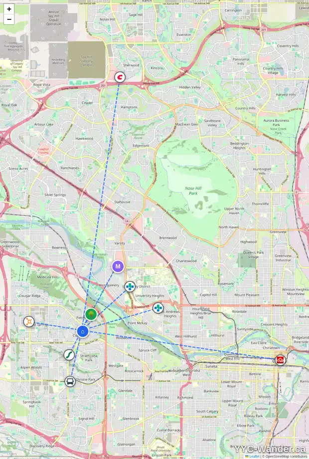 Daily accessibility map for 613 6400 COACH HILL RD SW, Calgary showing nearby schools, grocery stores, parks, LRT stations and nearby amenities