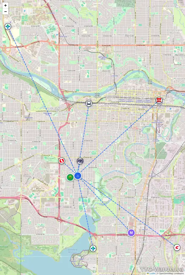 Daily accessibility map for 2014 41 AV SW, Calgary showing nearby schools, grocery stores, parks, LRT stations and nearby amenities