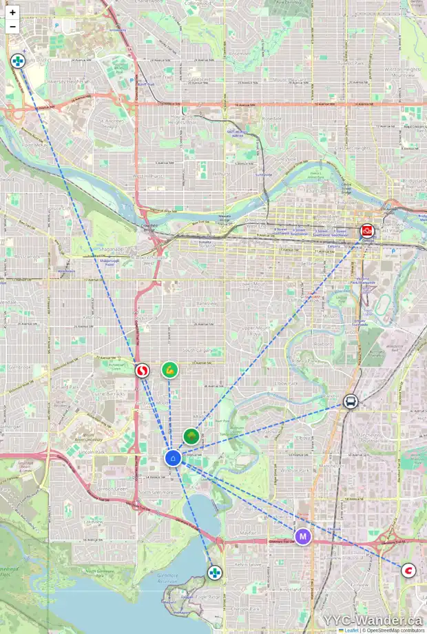 Daily accessibility map for 2039 50 AV SW, Calgary showing nearby schools, grocery stores, parks, LRT stations and nearby amenities