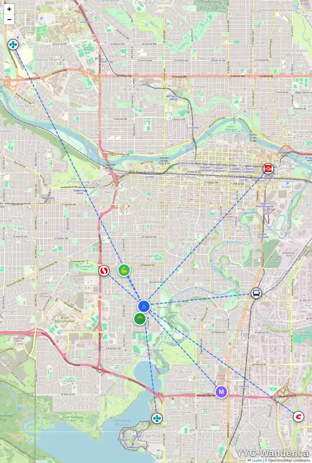 Daily accessibility map for 4409 16A ST SW, Calgary showing nearby schools, grocery stores, parks, LRT stations and nearby amenities