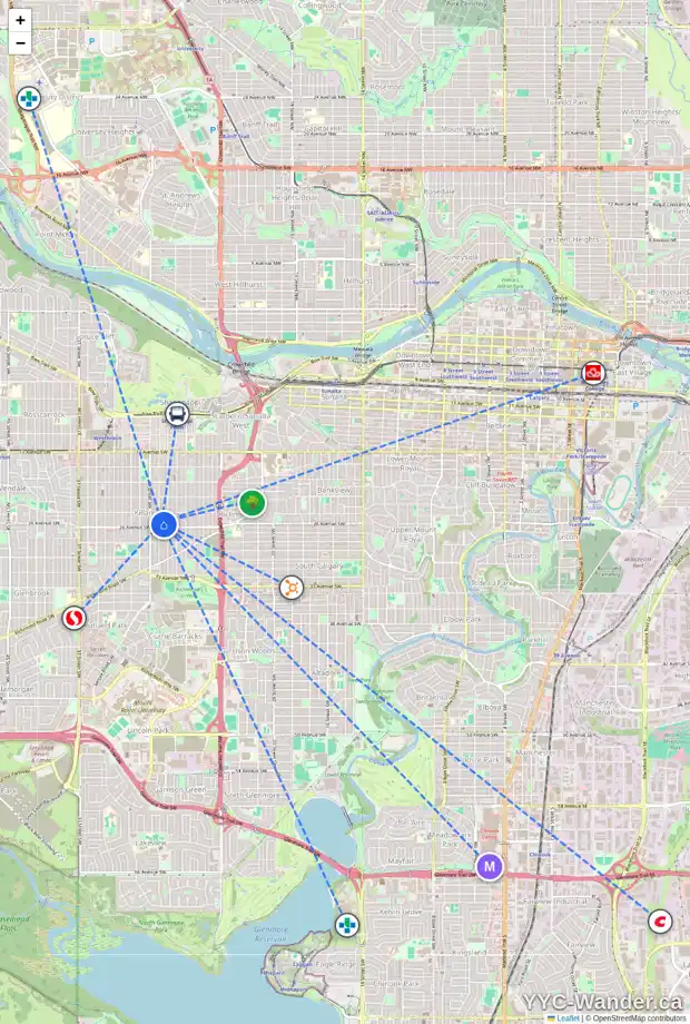 Daily accessibility map for 2630 28 ST SW, Calgary showing nearby schools, grocery stores, parks, LRT stations and nearby amenities
