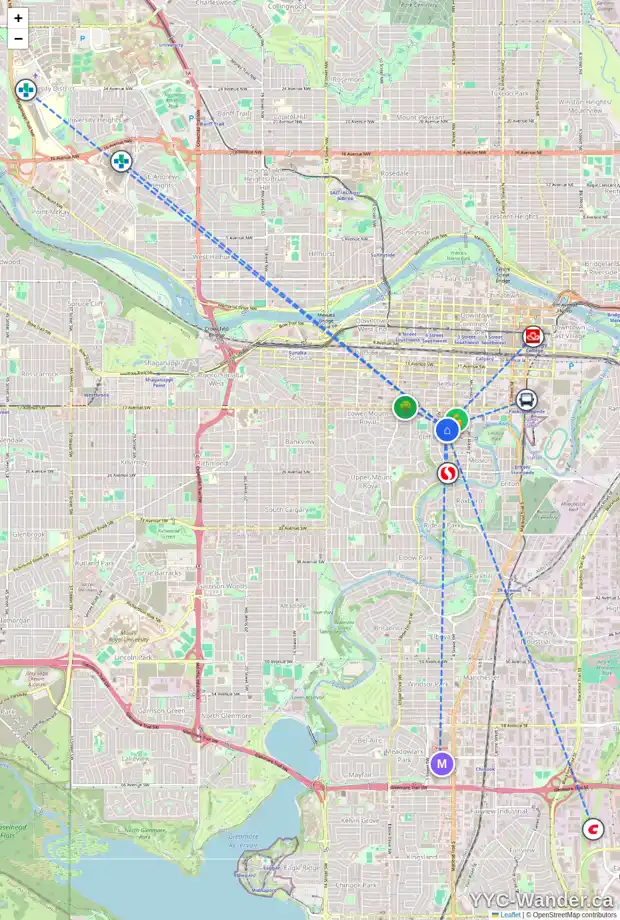 Daily accessibility map for 413 528 20 AV SW, Calgary showing nearby schools, grocery stores, parks, LRT stations and nearby amenities