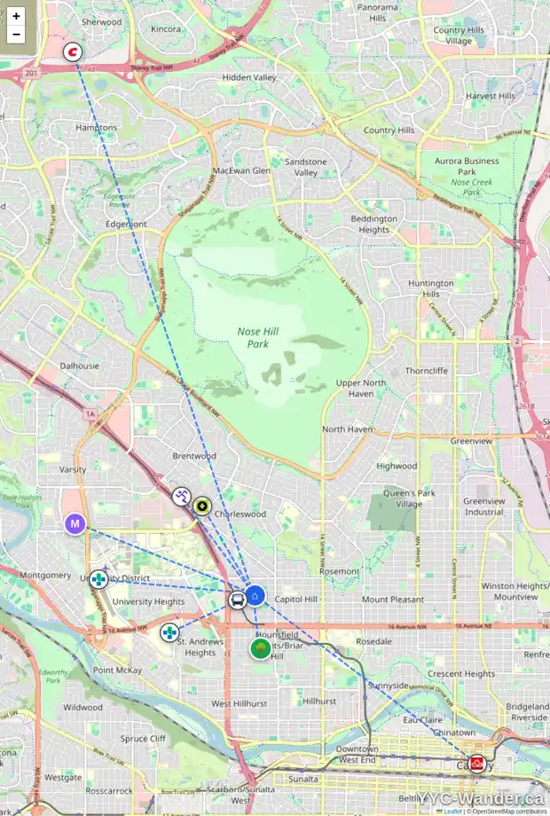 Daily accessibility map for 2347 22 ST NW, Calgary showing nearby schools, grocery stores, parks, LRT stations and nearby amenities