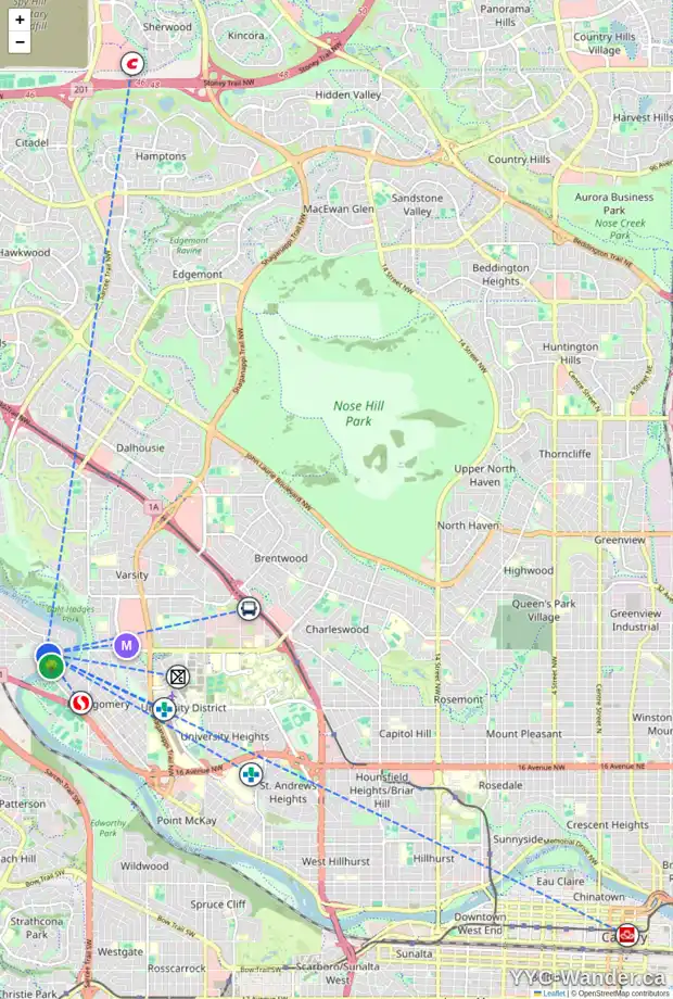 Daily accessibility map for 5806 BOWWATER CR NW, Calgary showing nearby schools, grocery stores, parks, LRT stations and nearby amenities