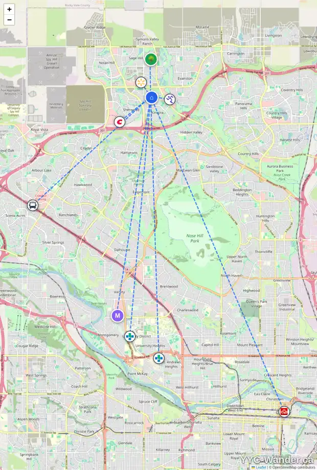 Daily accessibility map for 345 KINCORA GLEN RI NW, Calgary showing nearby schools, grocery stores, parks, LRT stations and nearby amenities