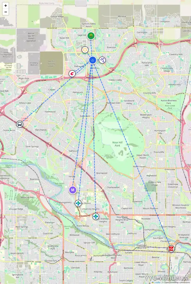 Daily accessibility map for 401 KINCORA GLEN RI NW, Calgary showing nearby schools, grocery stores, parks, LRT stations and nearby amenities