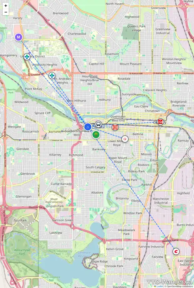 Daily accessibility map for 103 2020 11 AV SW, Calgary showing nearby schools, grocery stores, parks, LRT stations and nearby amenities