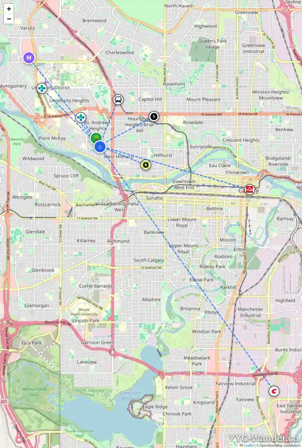 Daily accessibility map for 2716 6 AV NW, Calgary showing nearby schools, grocery stores, parks, LRT stations and nearby amenities