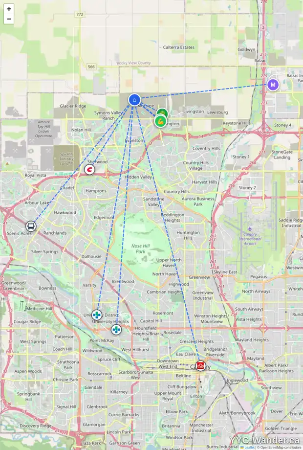 Daily accessibility map for 15550 24 ST NW, Calgary showing nearby schools, grocery stores, parks, LRT stations and nearby amenities