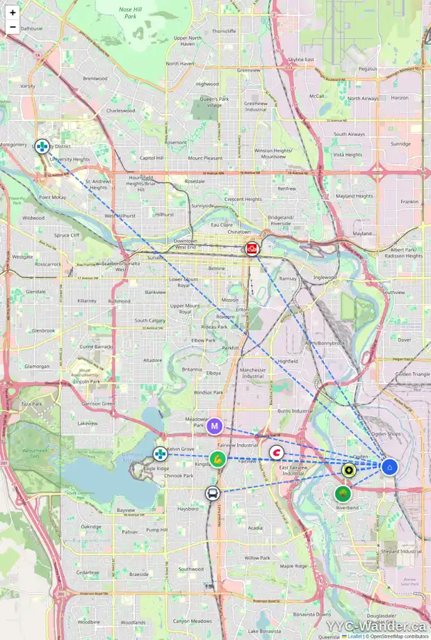 Daily accessibility map for 7430 26A ST SE, Calgary showing nearby schools, grocery stores, parks, LRT stations and nearby amenities