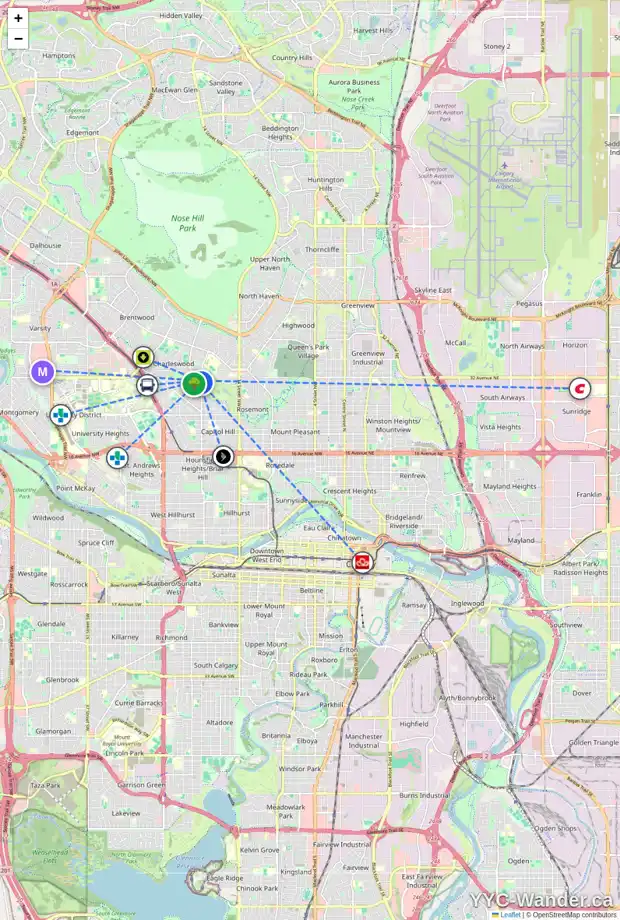 Daily accessibility map for 7 3208 19 ST NW, Calgary showing nearby schools, grocery stores, parks, LRT stations and nearby amenities