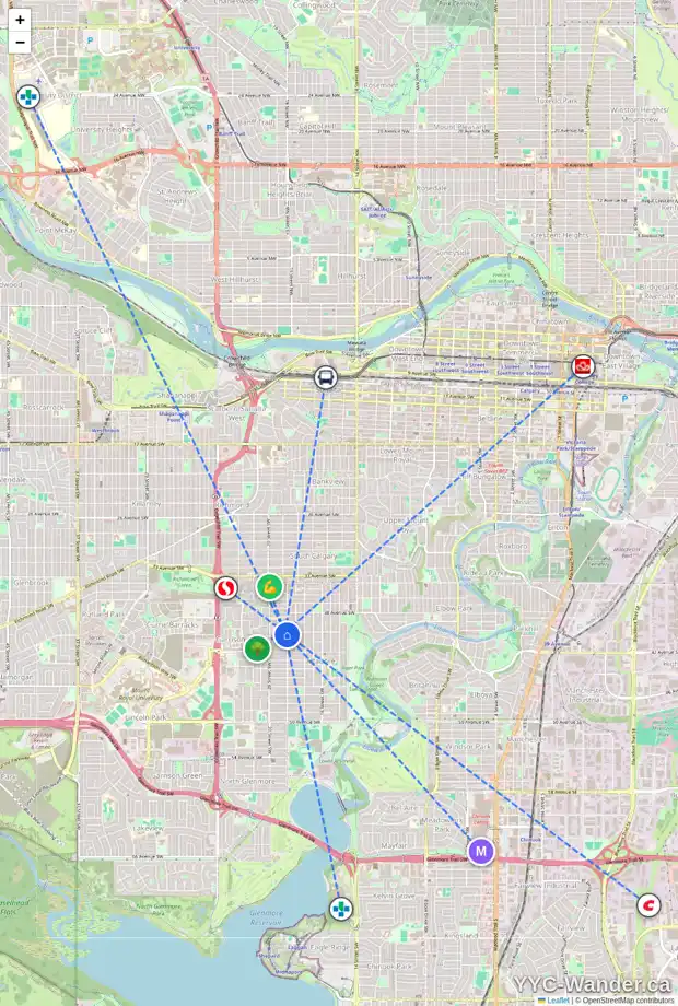 Daily accessibility map for 4023 19 ST SW, Calgary showing nearby schools, grocery stores, parks, LRT stations and nearby amenities
