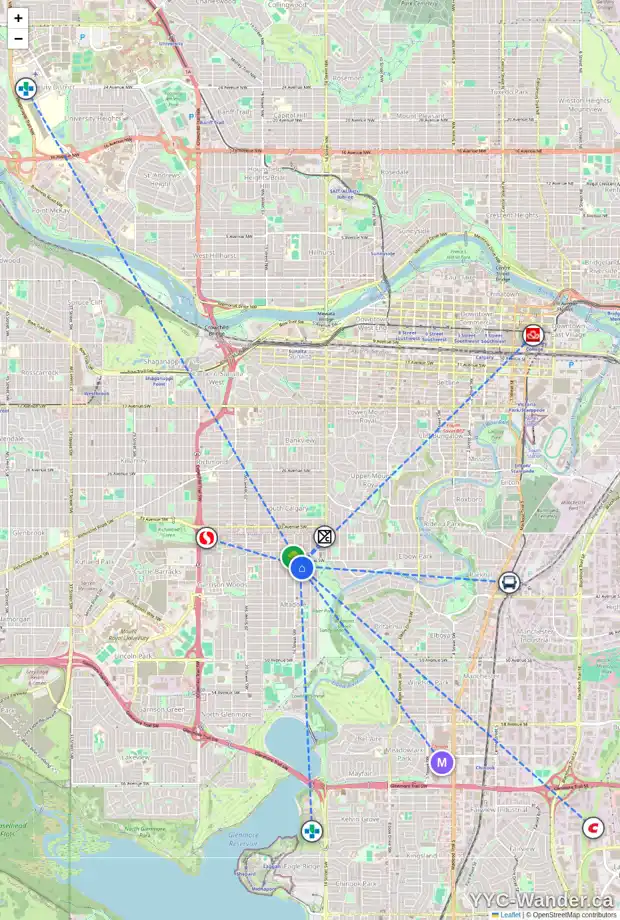 Daily accessibility map for 3919 15A ST SW, Calgary showing nearby schools, grocery stores, parks, LRT stations and nearby amenities