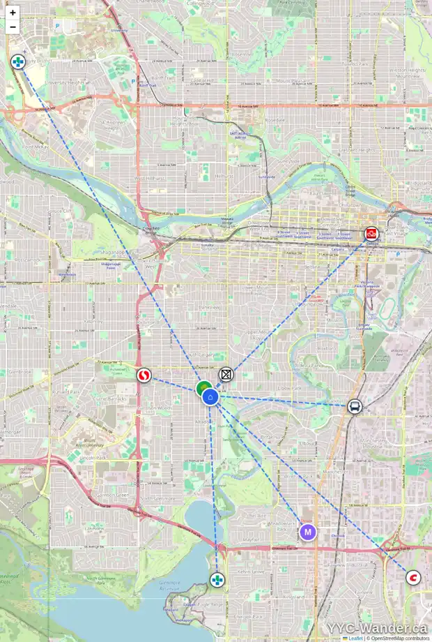 Daily accessibility map for 3921 15A ST SW, Calgary showing nearby schools, grocery stores, parks, LRT stations and nearby amenities