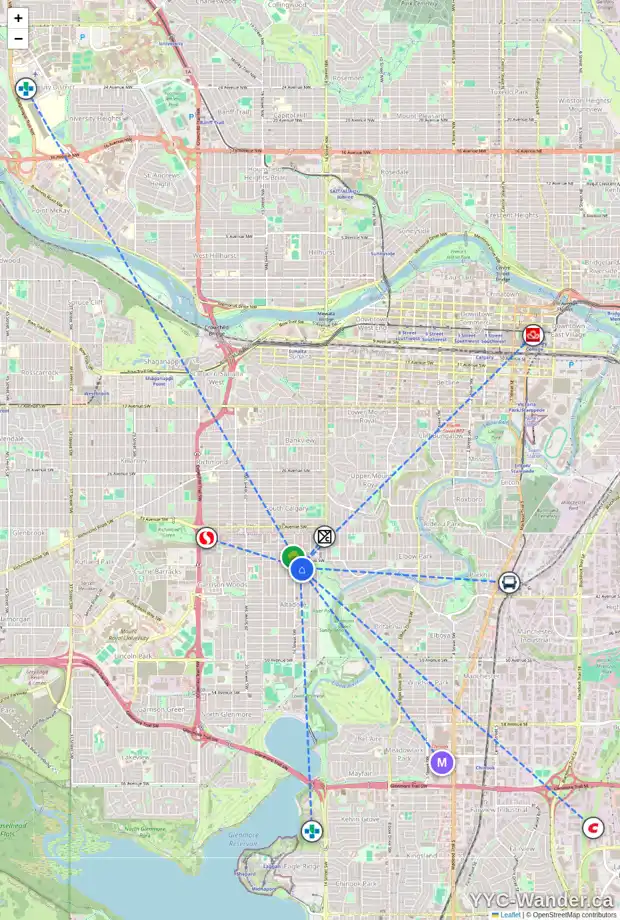 Daily accessibility map for 3923 15A ST SW, Calgary showing nearby schools, grocery stores, parks, LRT stations and nearby amenities