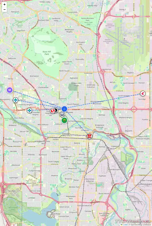 Daily accessibility map for 303 1231 17 AV NW, Calgary showing nearby schools, grocery stores, parks, LRT stations and nearby amenities