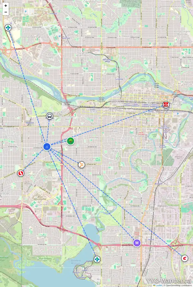 Daily accessibility map for 2623 27 ST SW, Calgary showing nearby schools, grocery stores, parks, LRT stations and nearby amenities