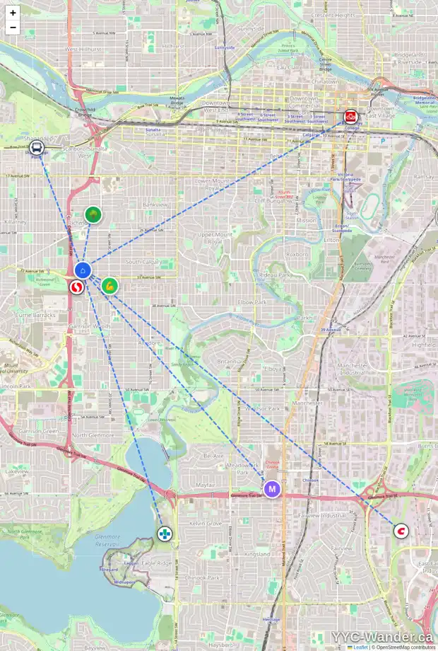 Daily accessibility map for 2420 32 AV SW, Calgary showing nearby schools, grocery stores, parks, LRT stations and nearby amenities