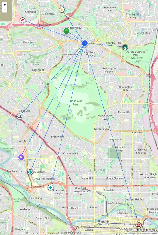 Daily accessibility map for 343 HIDDEN VALE PL NW, Calgary showing nearby schools, grocery stores, parks, LRT stations and nearby amenities