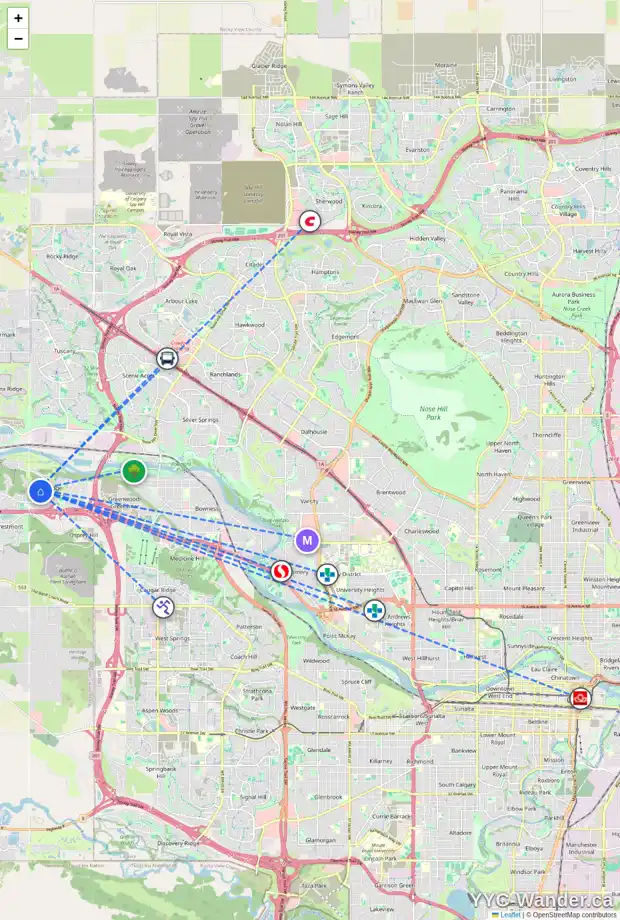 Daily accessibility map for 72 VALLEY RIDGE GR NW, Calgary showing nearby schools, grocery stores, parks, LRT stations and nearby amenities