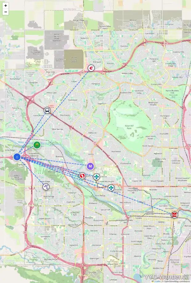 Daily accessibility map for 124 VALLEY MEADOW CL NW, Calgary showing nearby schools, grocery stores, parks, LRT stations and nearby amenities