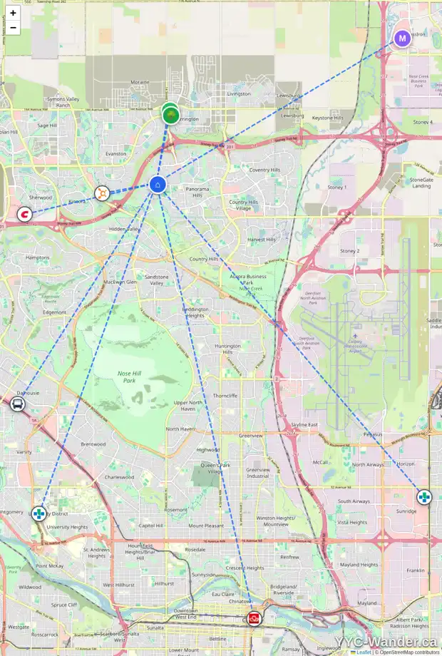 Daily accessibility map for 30 PANTEGO AV NW, Calgary showing nearby schools, grocery stores, parks, LRT stations and nearby amenities