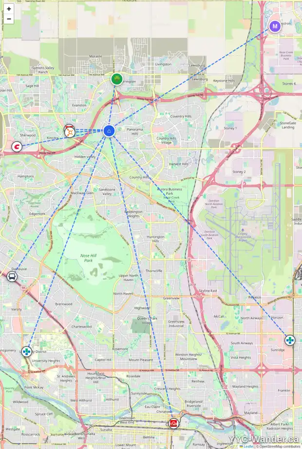 Daily accessibility map for 99 PANTEGO WY NW, Calgary showing nearby schools, grocery stores, parks, LRT stations and nearby amenities
