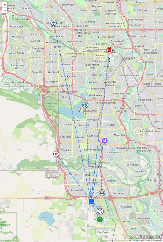 Daily accessibility map for 33 SILVERADO SKIES WY SW, Calgary showing nearby schools, grocery stores, parks, LRT stations and nearby amenities