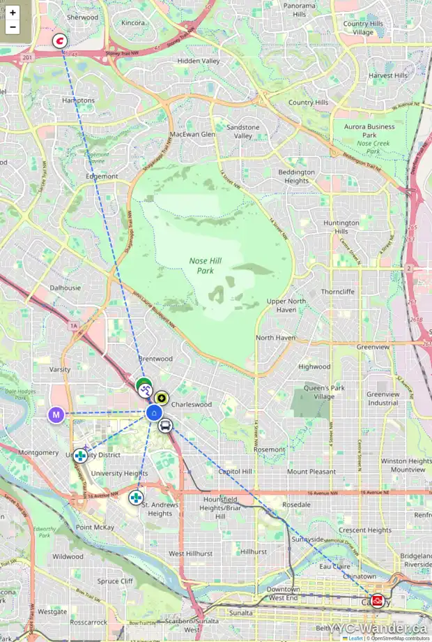 Daily accessibility map for 403 3101 34 AV NW, Calgary showing nearby schools, grocery stores, parks, LRT stations and nearby amenities