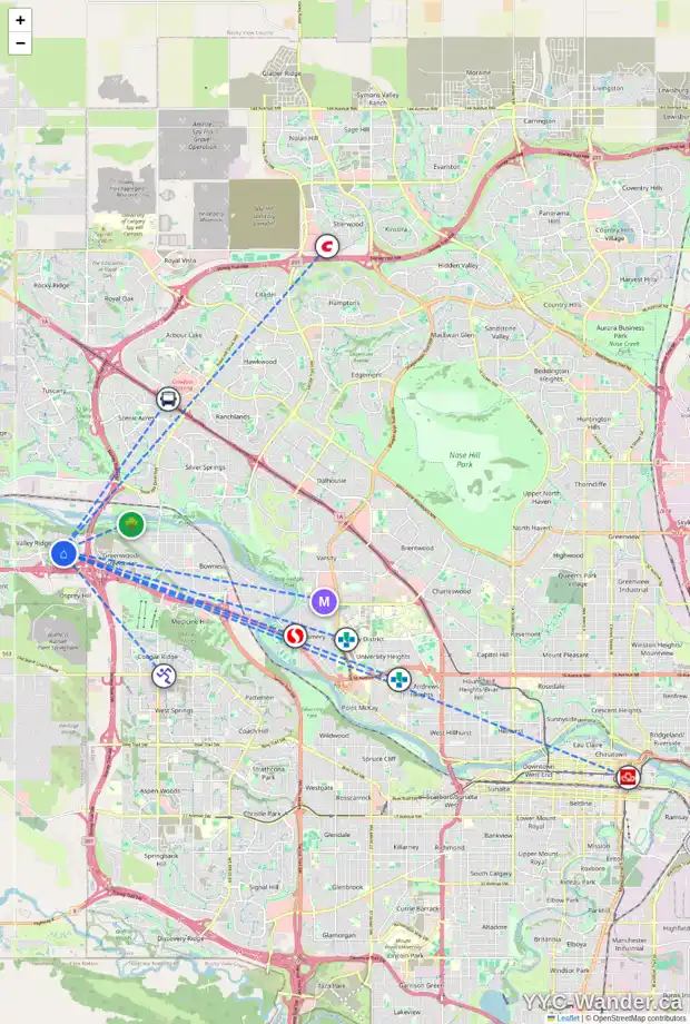 Daily accessibility map for 39 VALLEY MEADOW CR NW, Calgary showing nearby schools, grocery stores, parks, LRT stations and nearby amenities