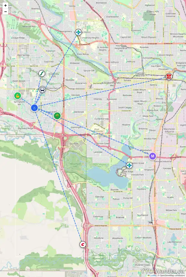 Daily accessibility map for 2 ELVEDEN ME SW, Calgary showing nearby schools, grocery stores, parks, LRT stations and nearby amenities
