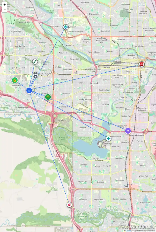 Daily accessibility map for 6 ELVEDEN ME SW, Calgary showing nearby schools, grocery stores, parks, LRT stations and nearby amenities
